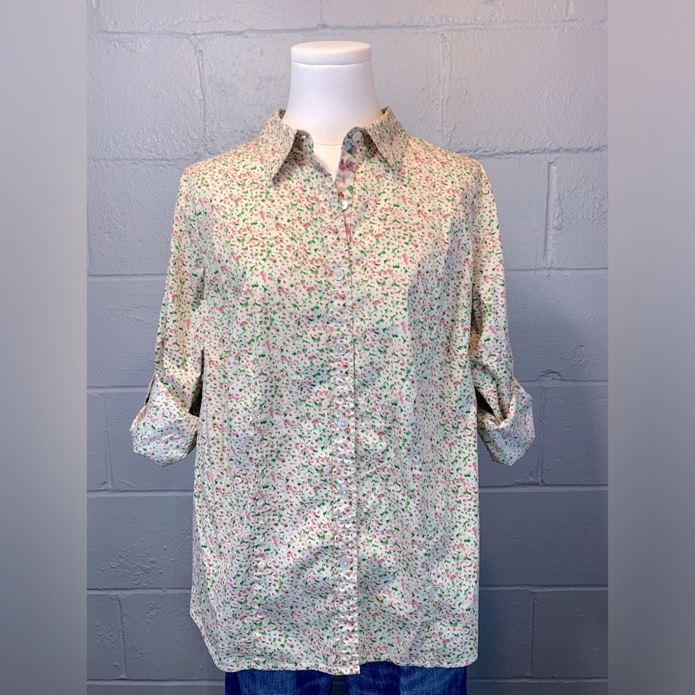 Talbots Cream Pink Floral Long Sleeve Button Down Shirt Women's Size 14 Petite - Picture 3 of 9